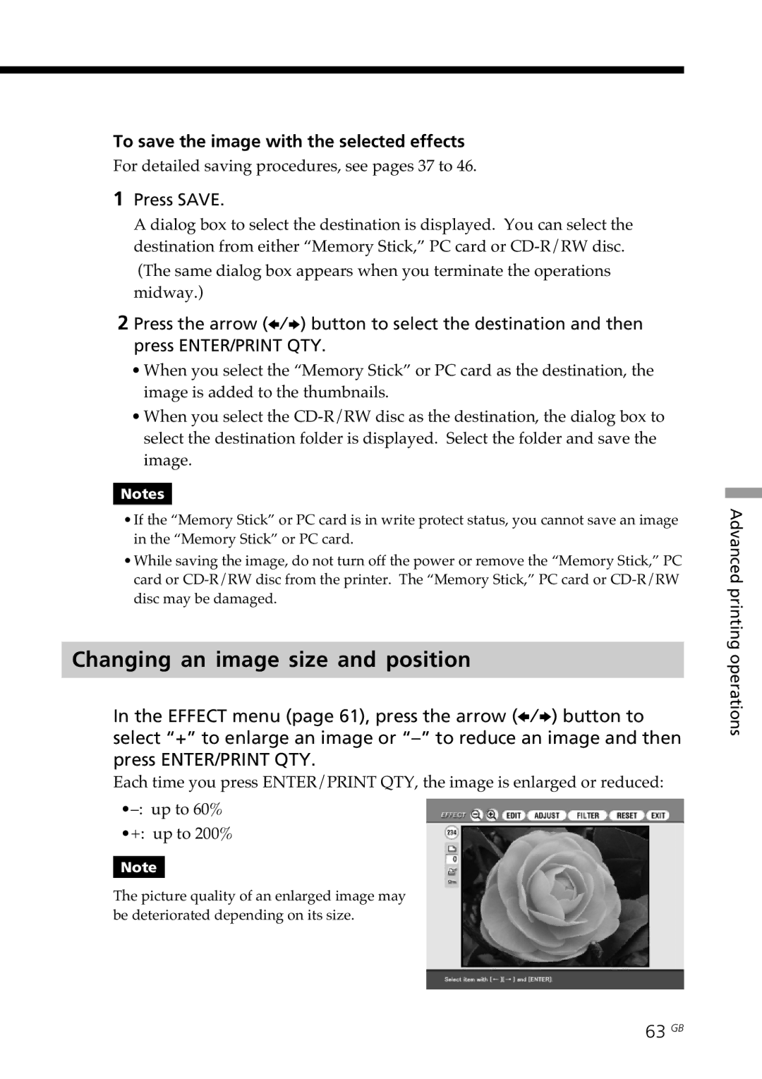 Sony DPP-SV88 Changing an image size and position, To save the image with the selected effects, 63 GB 