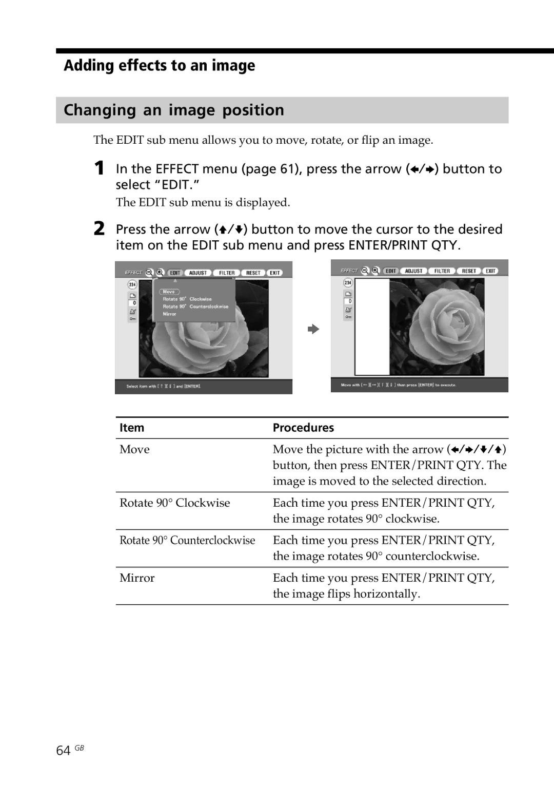 Sony DPP-SV88 Adding effects to an image Changing an image position, 64 GB, Edit sub menu is displayed, Procedures 