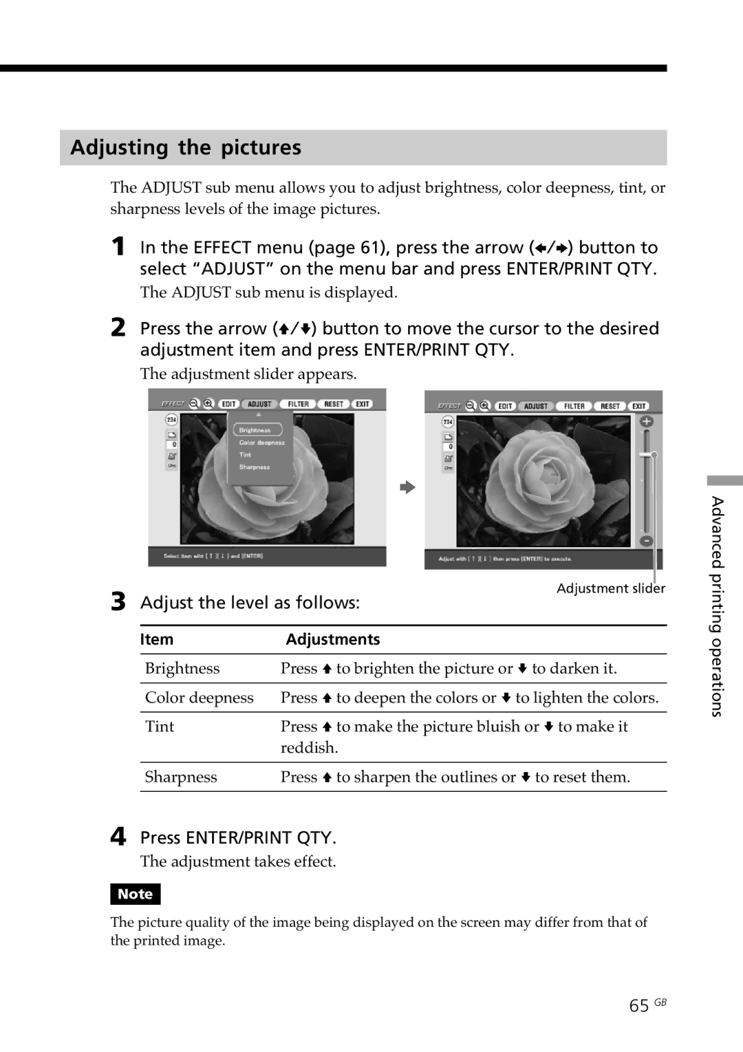 Sony DPP-SV88 Adjusting the pictures, Adjust the level as follows, Press ENTER/PRINT QTY, 65 GB, Adjustments 