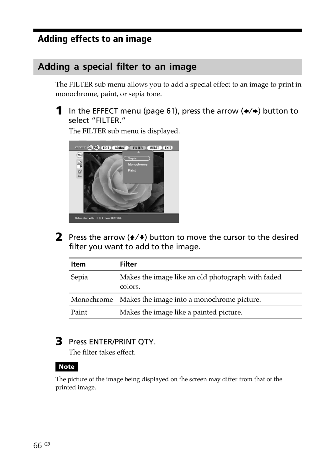 Sony DPP-SV88 operating instructions 66 GB, Filter sub menu is displayed, Filter takes effect 