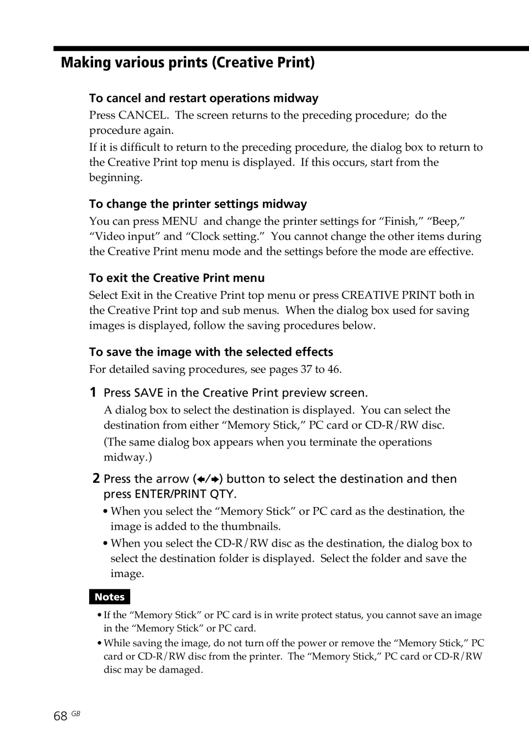 Sony DPP-SV88 operating instructions Making various prints Creative Print, To cancel and restart operations midway 