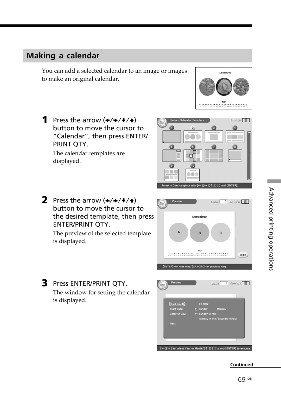 Sony DPP-SV88 Making a calendar, 69 GB, Calendar templates are displayed, Preview of the selected template is displayed 