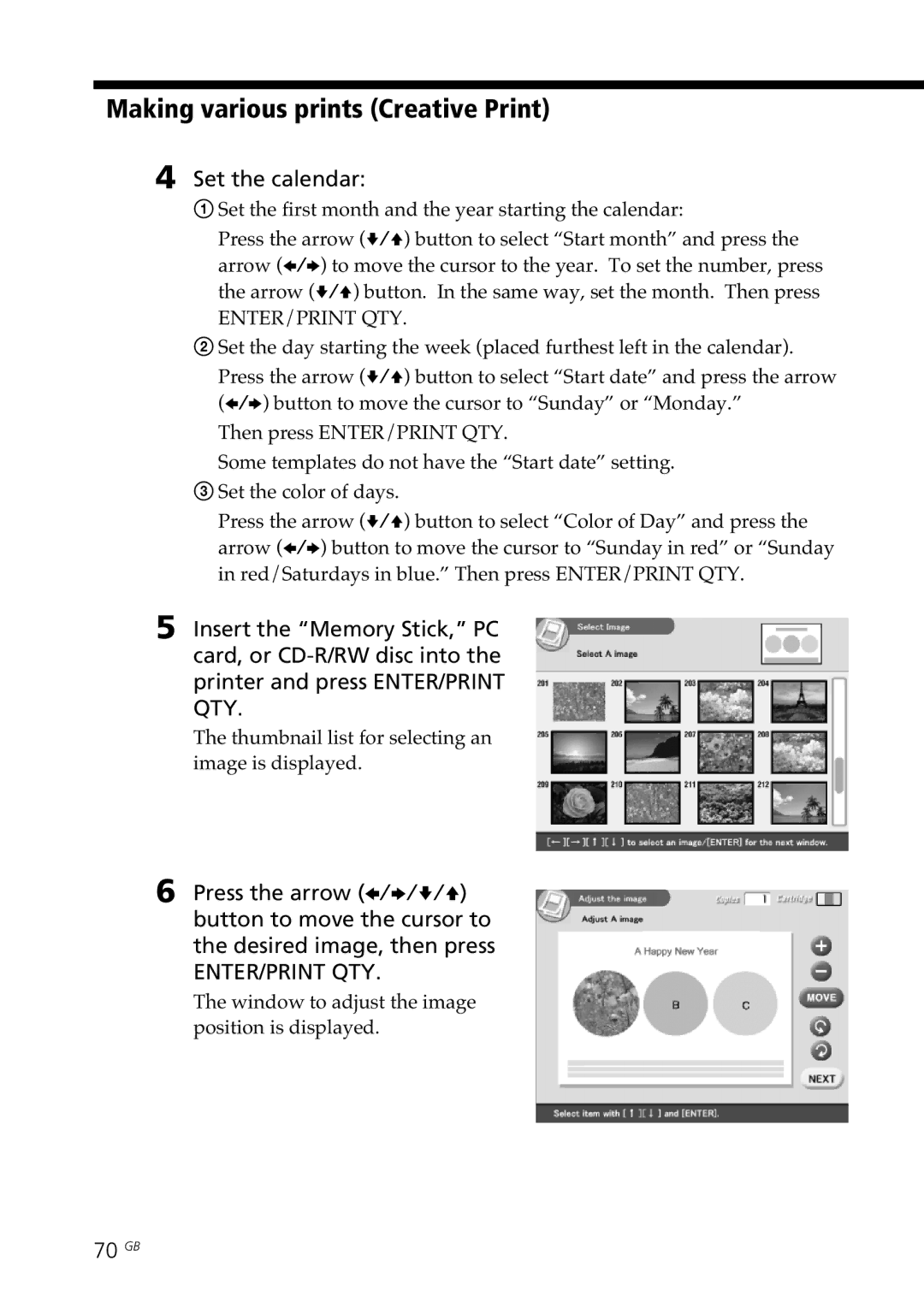 Sony DPP-SV88 operating instructions Set the calendar, 70 GB, Thumbnail list for selecting an image is displayed 