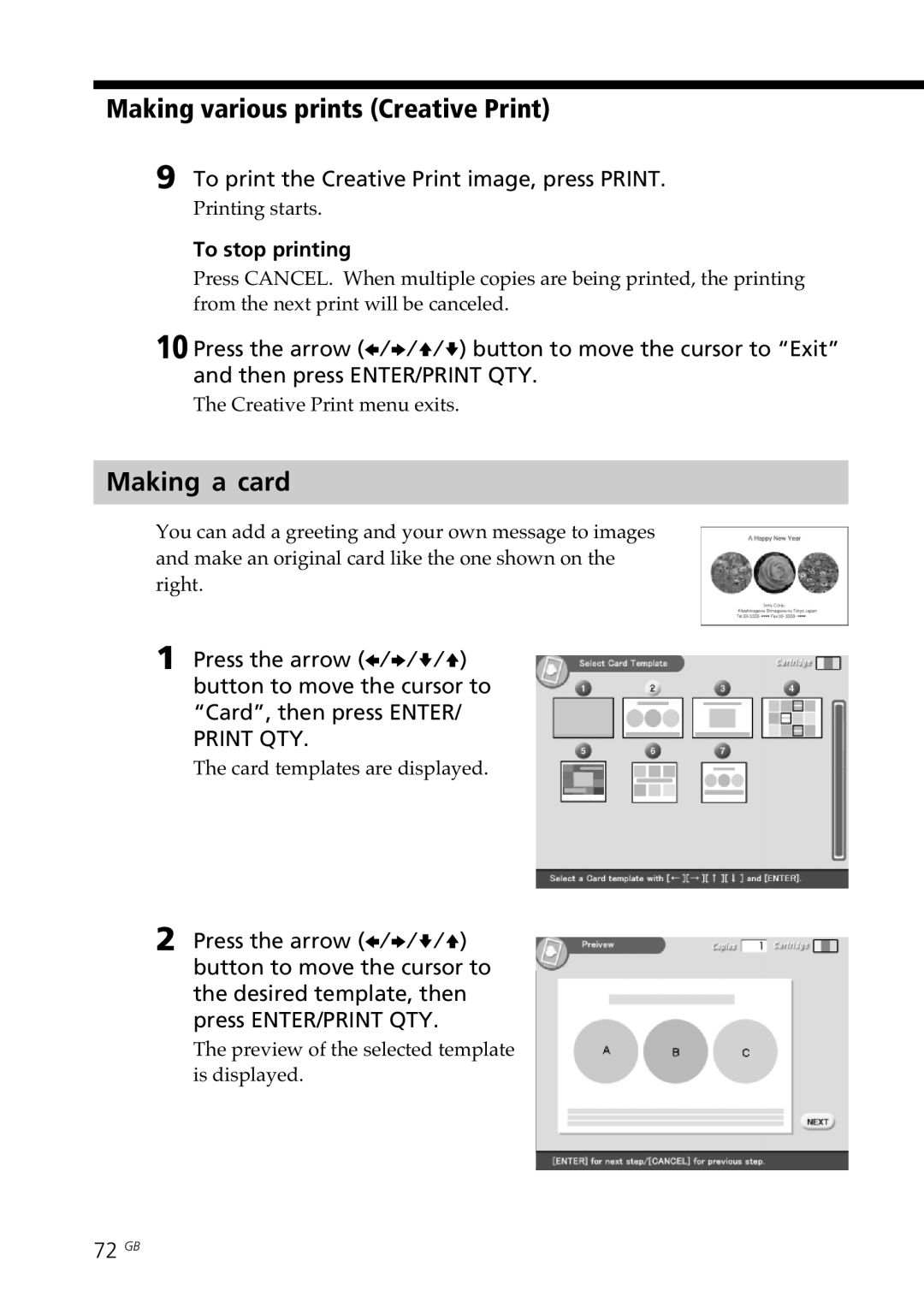 Sony DPP-SV88 operating instructions Making a card, To print the Creative Print image, press Print, 72 GB 