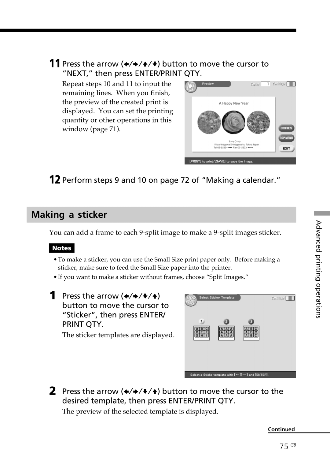 Sony DPP-SV88 operating instructions Making a sticker, Perform steps 9 and 10 on page 72 of Making a calendar, 75 GB 