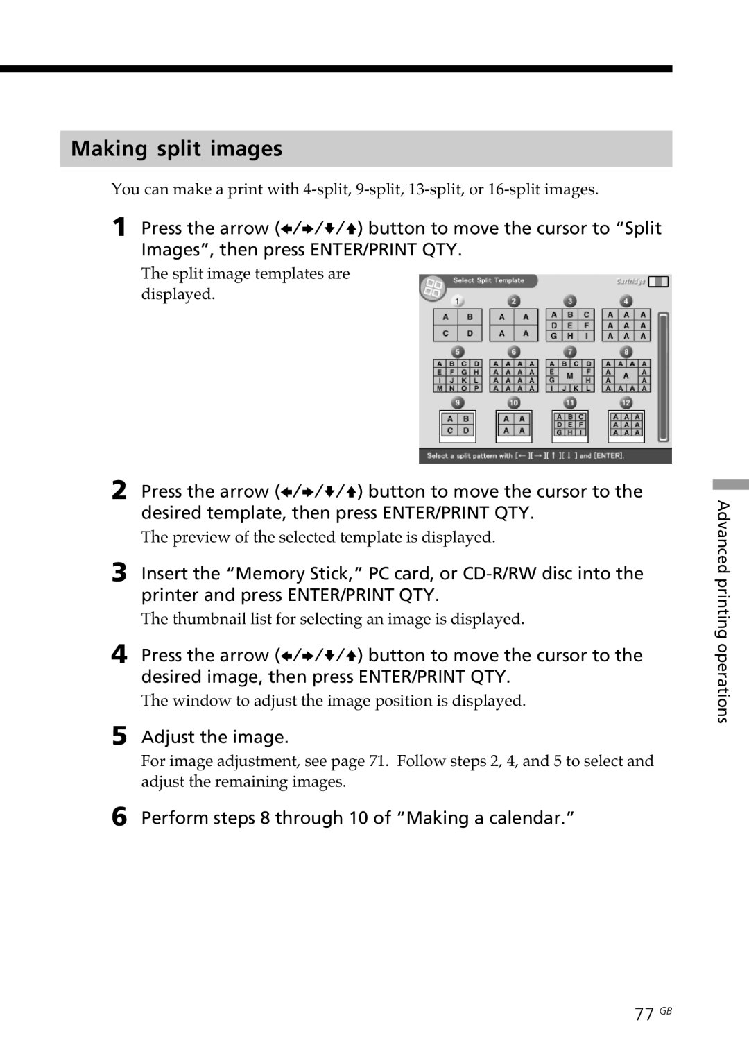 Sony DPP-SV88 operating instructions Making split images, Perform steps 8 through 10 of Making a calendar, 77 GB 