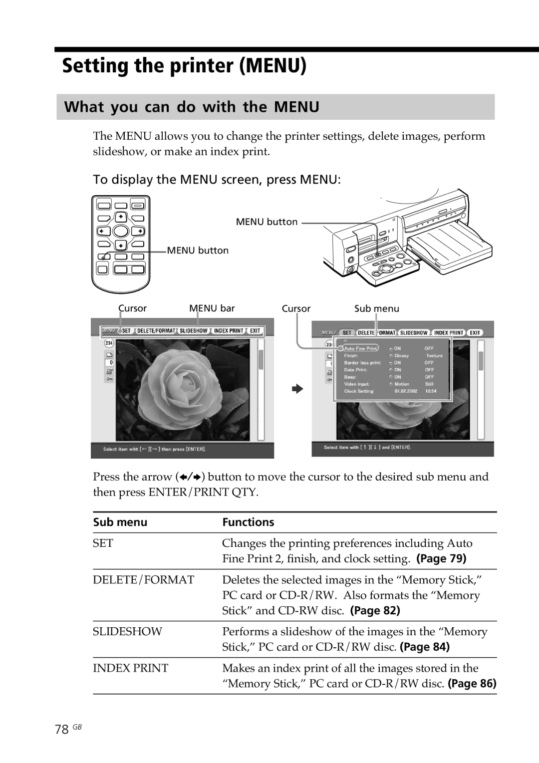 Sony DPP-SV88 Setting the printer Menu, What you can do with the Menu, To display the Menu screen, press Menu, 78 GB 