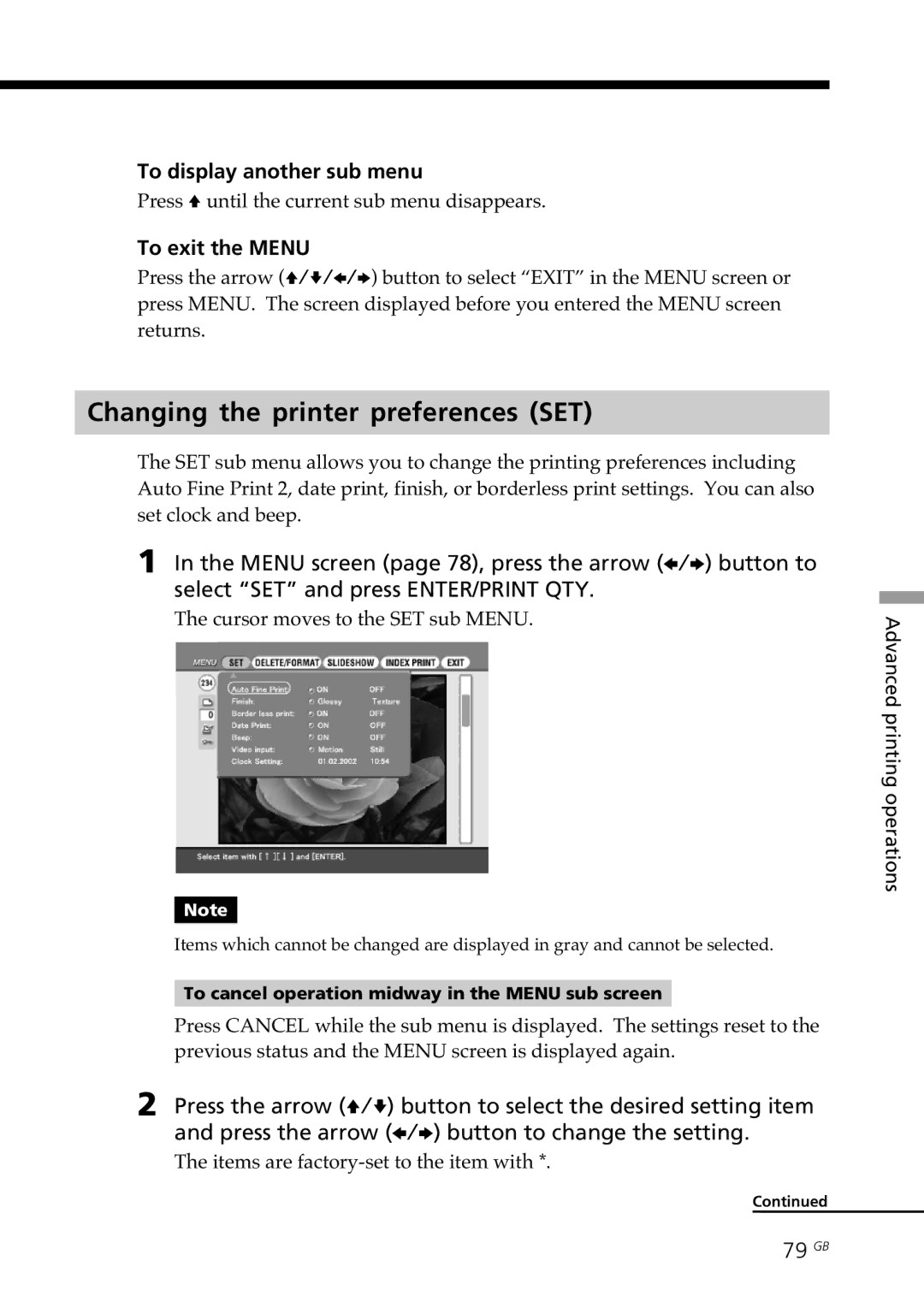 Sony DPP-SV88 Changing the printer preferences SET, To exit the Menu, 79 GB, Cursor moves to the SET sub Menu 