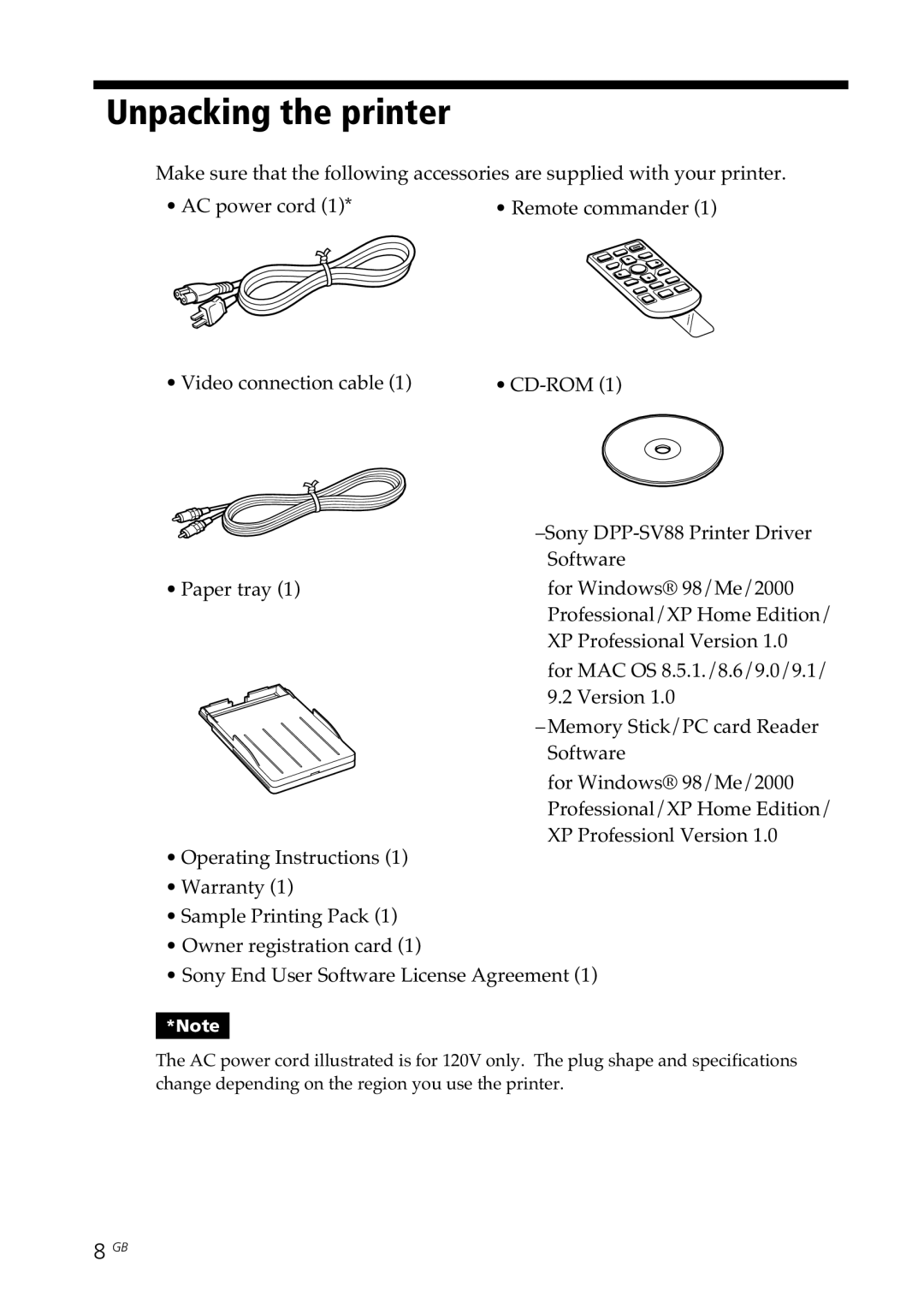 Sony DPP-SV88 operating instructions Unpacking the printer 