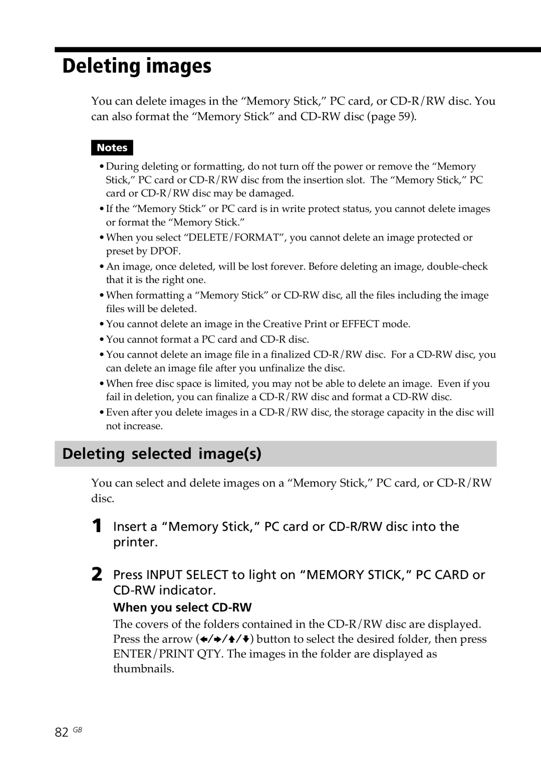 Sony DPP-SV88 operating instructions Deleting images, Deleting selected images, When you select CD-RW, 82 GB 