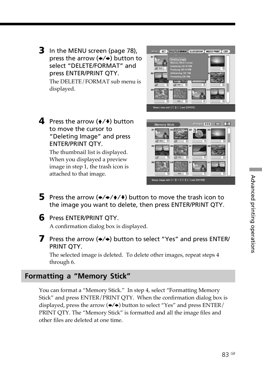 Sony DPP-SV88 Formatting a Memory Stick, 83 GB, DELETE/FORMAT sub menu is displayed, Confirmation dialog box is displayed 