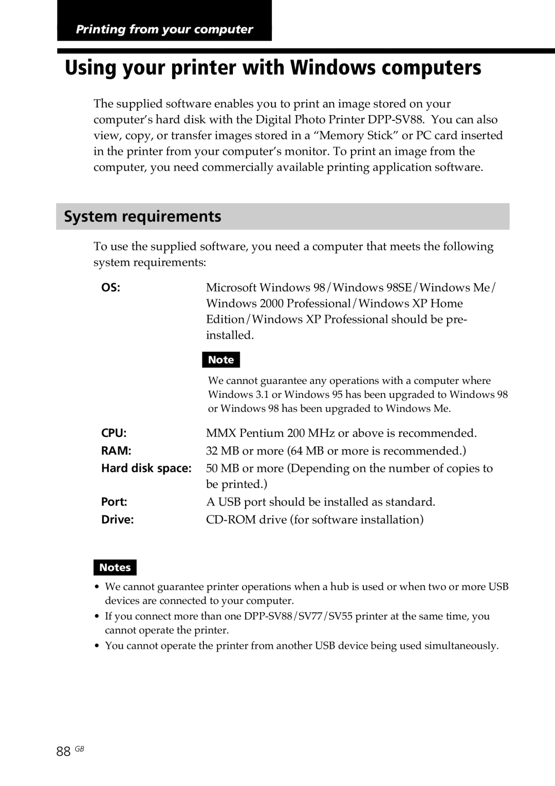 Sony DPP-SV88 operating instructions Using your printer with Windows computers, System requirements, 88 GB 