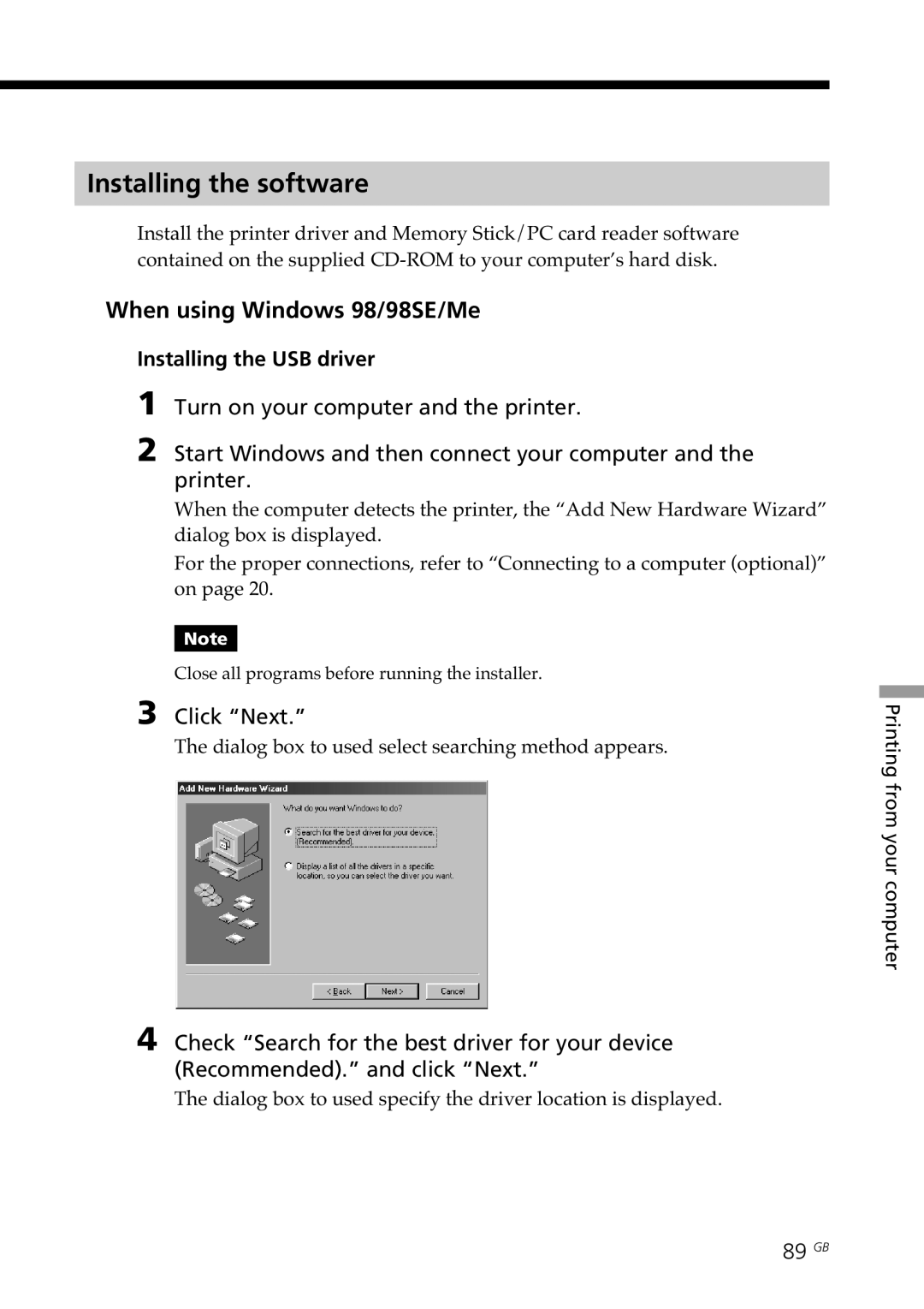 Sony DPP-SV88 Installing the software, When using Windows 98/98SE/Me, Installing the USB driver, Click Next, 89 GB 