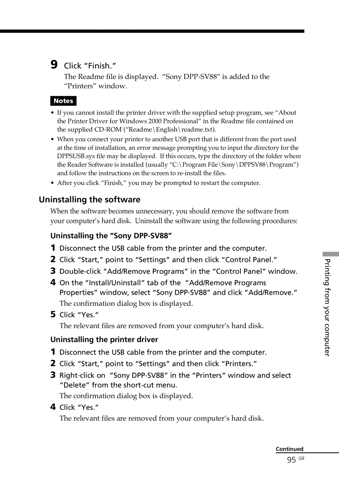 Sony Uninstalling the software, Uninstalling the Sony DPP-SV88, Uninstalling the printer driver, 95 GB 