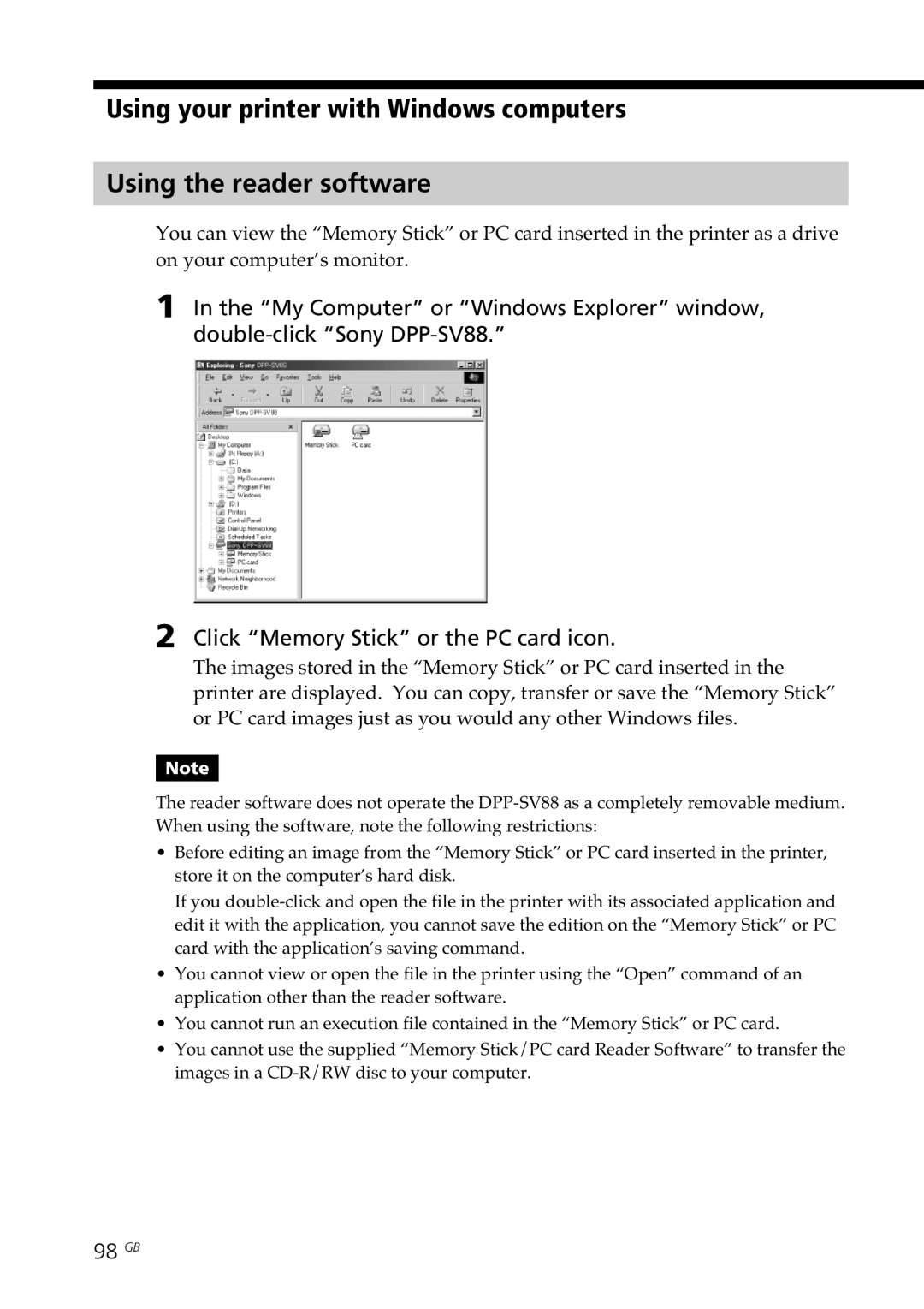 Sony DPP-SV88 operating instructions 98 GB 