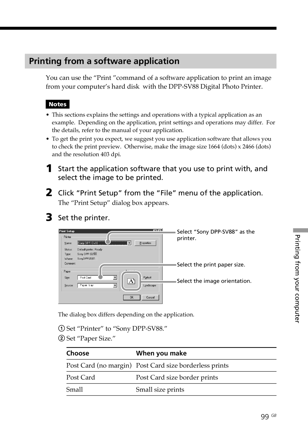 Sony DPP-SV88 operating instructions Printing from a software application, Set the printer, 99 GB, Choose When you make 