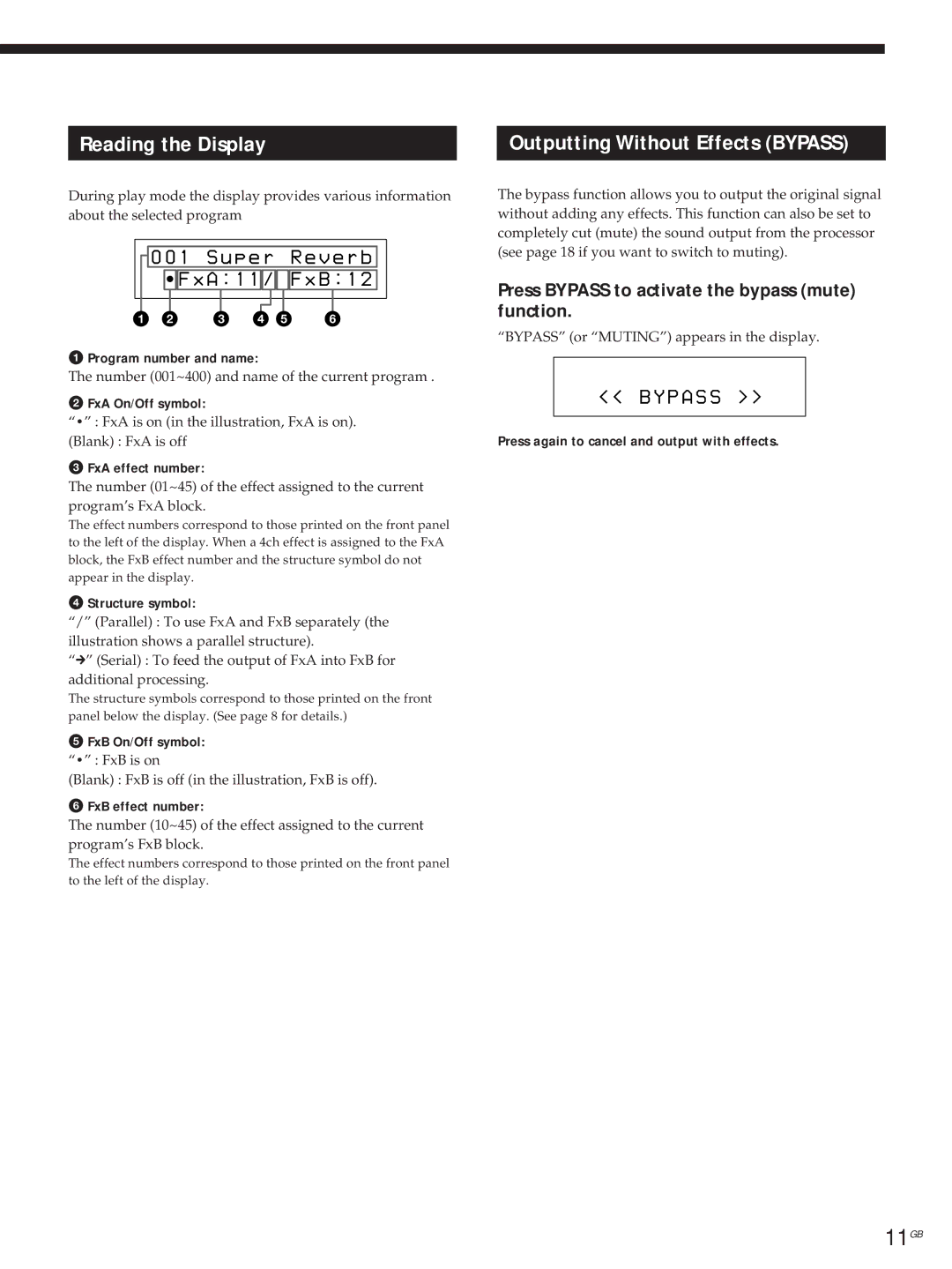 Sony DPS-V55M Reading the Display, Outputting Without Effects Bypass, S u p e r R e v e r b A 1 B 1, P a S S 