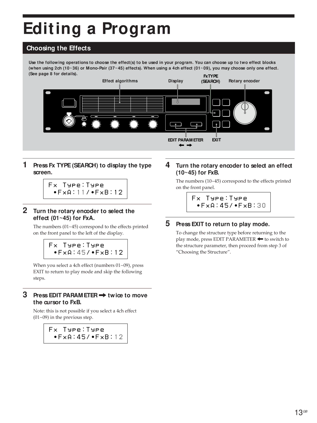 Sony DPS-V55M Editing a Program, Choosing the Effects, T y p e T y p e A 1 1 / F x B 1, T y p e T y p e A 4 5 / F x B 1 