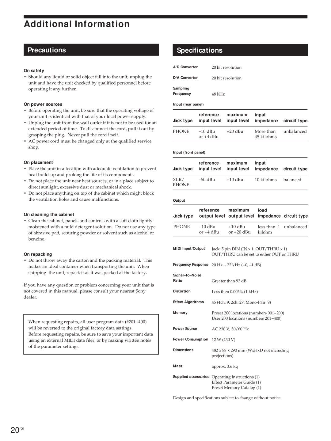 Sony DPS-V55M operating instructions Additional Information, Precautions, Specifications 