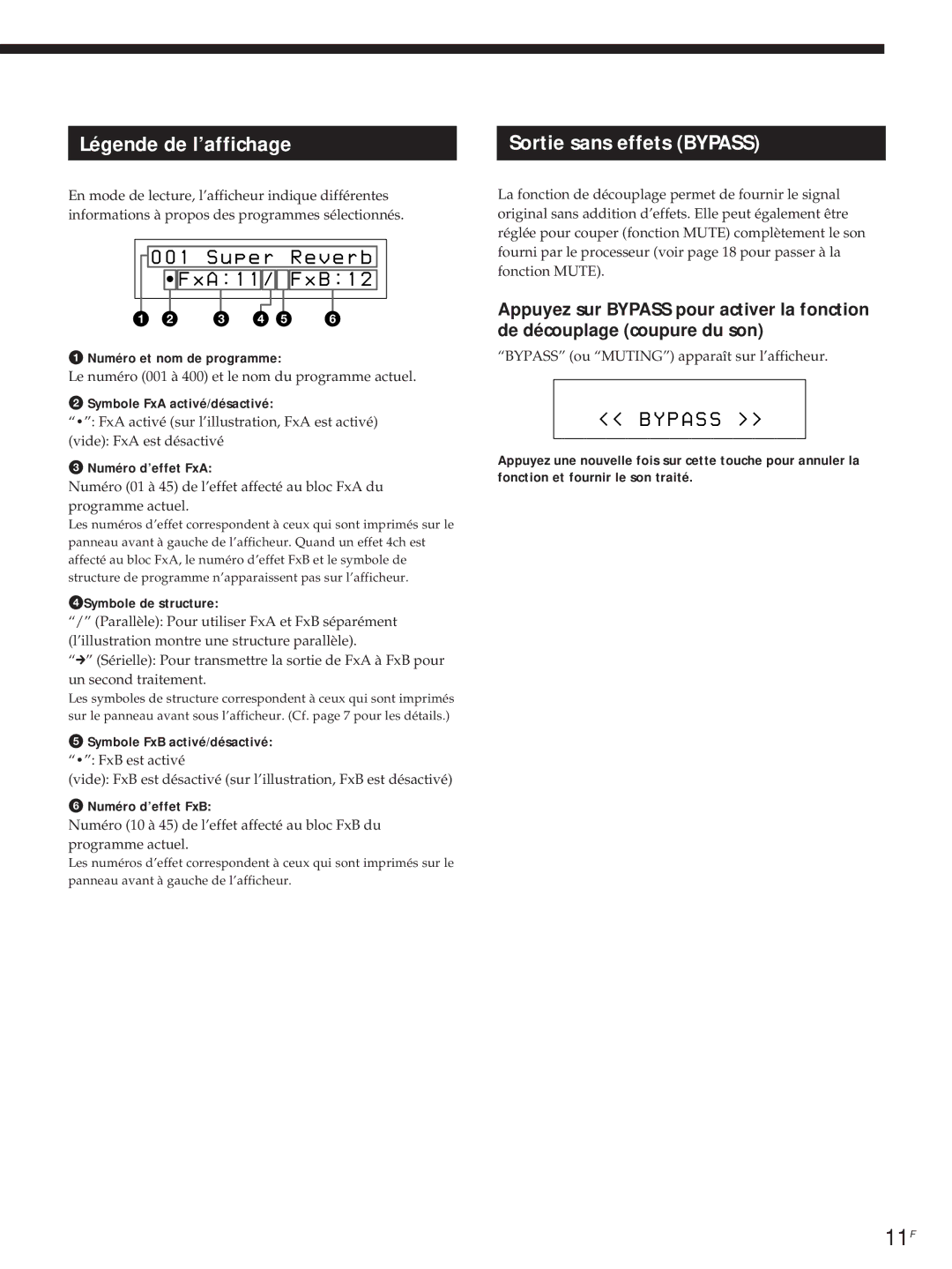 Sony DPS-V55M operating instructions Légende de l’affichage, Sortie sans effets Bypass 