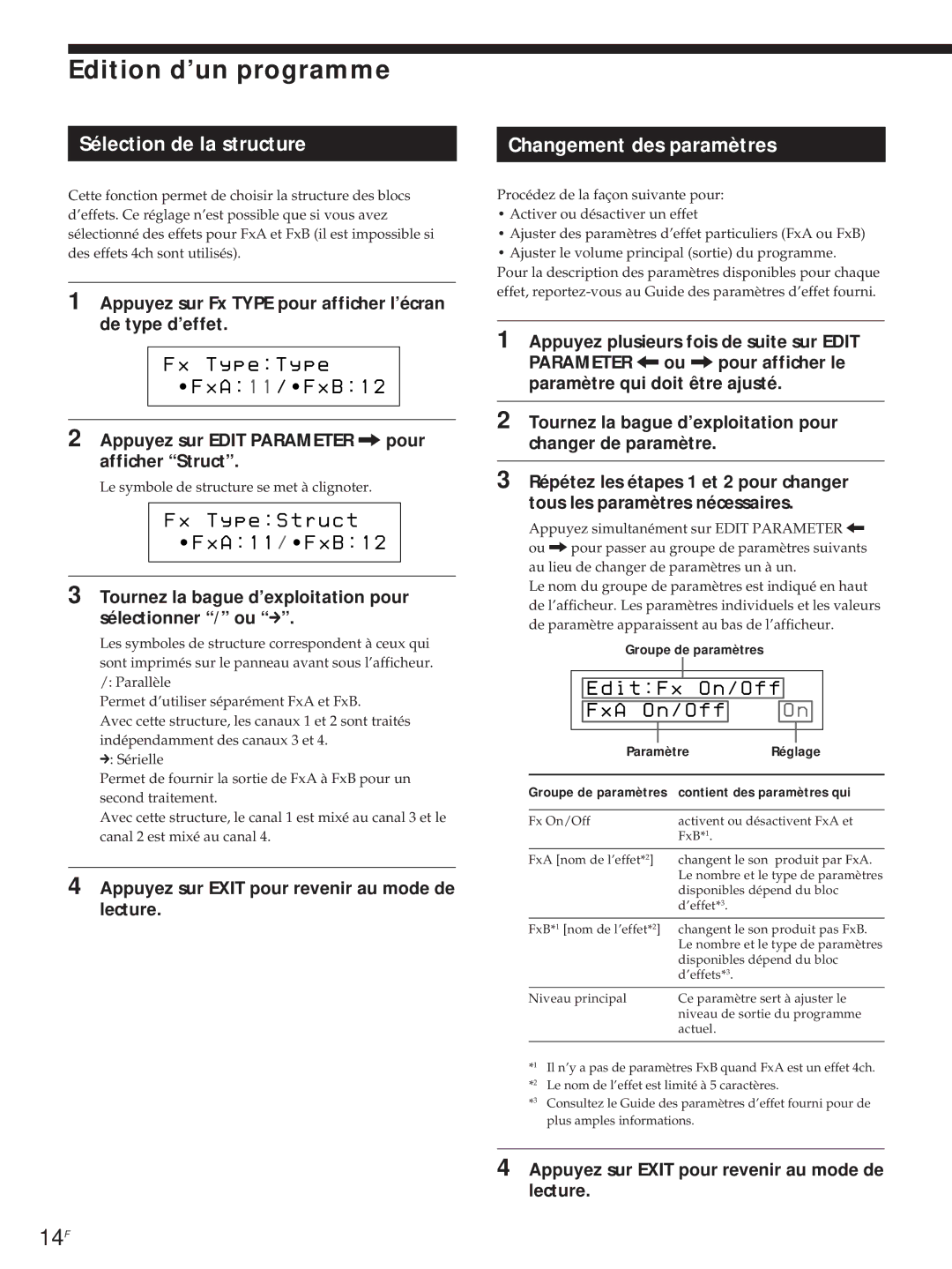 Sony DPS-V55M operating instructions Edition d’un programme, Sélection de la structure, Changement des paramètres 