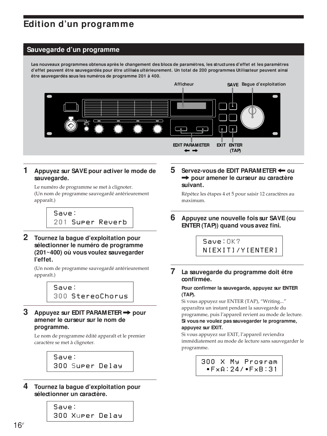 Sony DPS-V55M operating instructions Sauvegarde d’un programme, Appuyez sur Save pour activer le mode de sauvegarde 