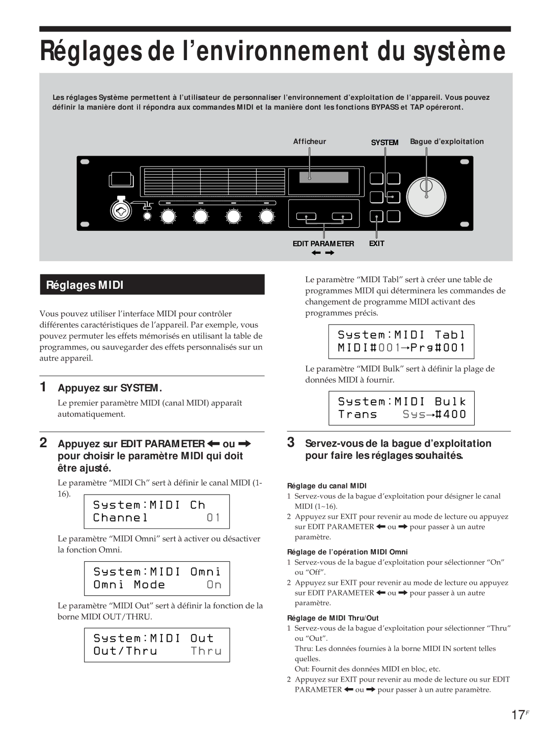 Sony DPS-V55M operating instructions Réglages Midi, S t e m M I D I O m n N i M o d e, Appuyez sur System 