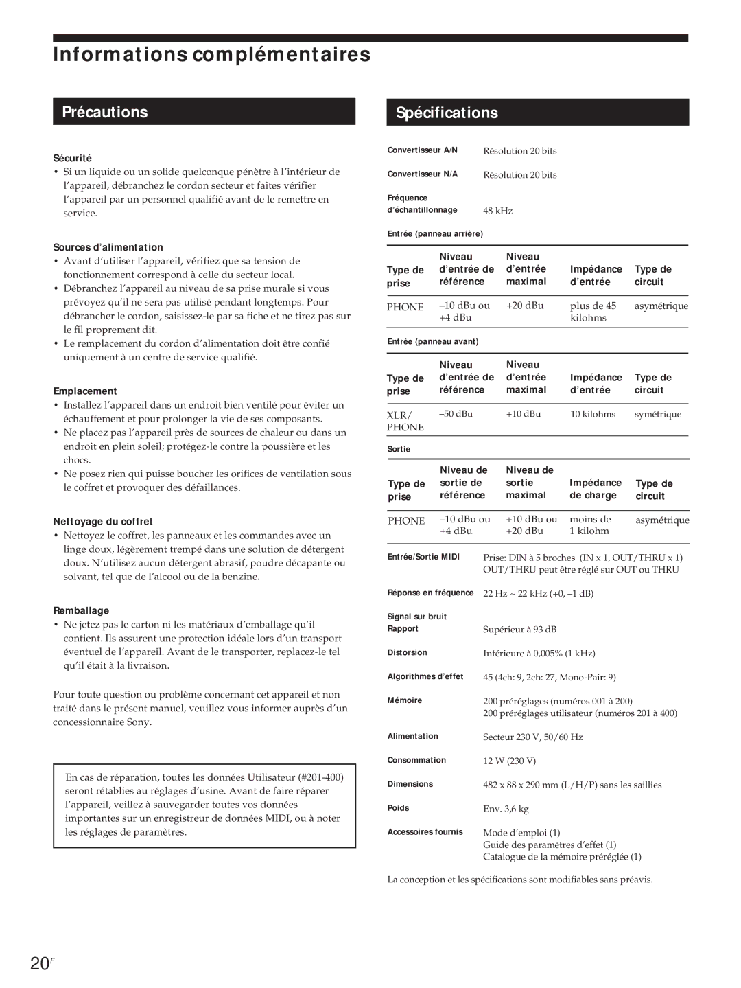 Sony DPS-V55M operating instructions Informations complémentaires, Précautions, Spécifications 