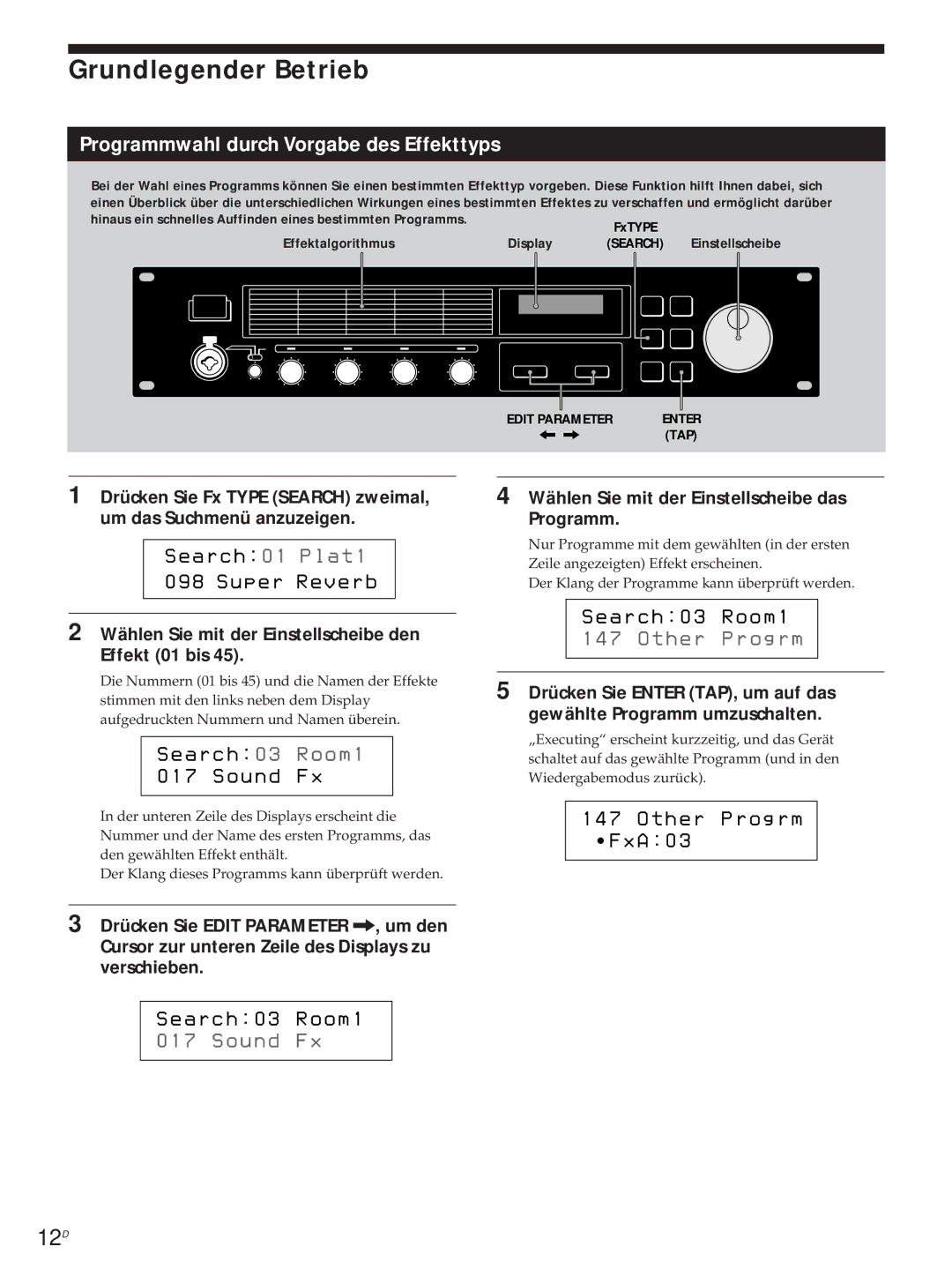 Sony DPS-V55M operating instructions Grundlegender Betrieb, Programmwahl durch Vorgabe des Effekttyps 