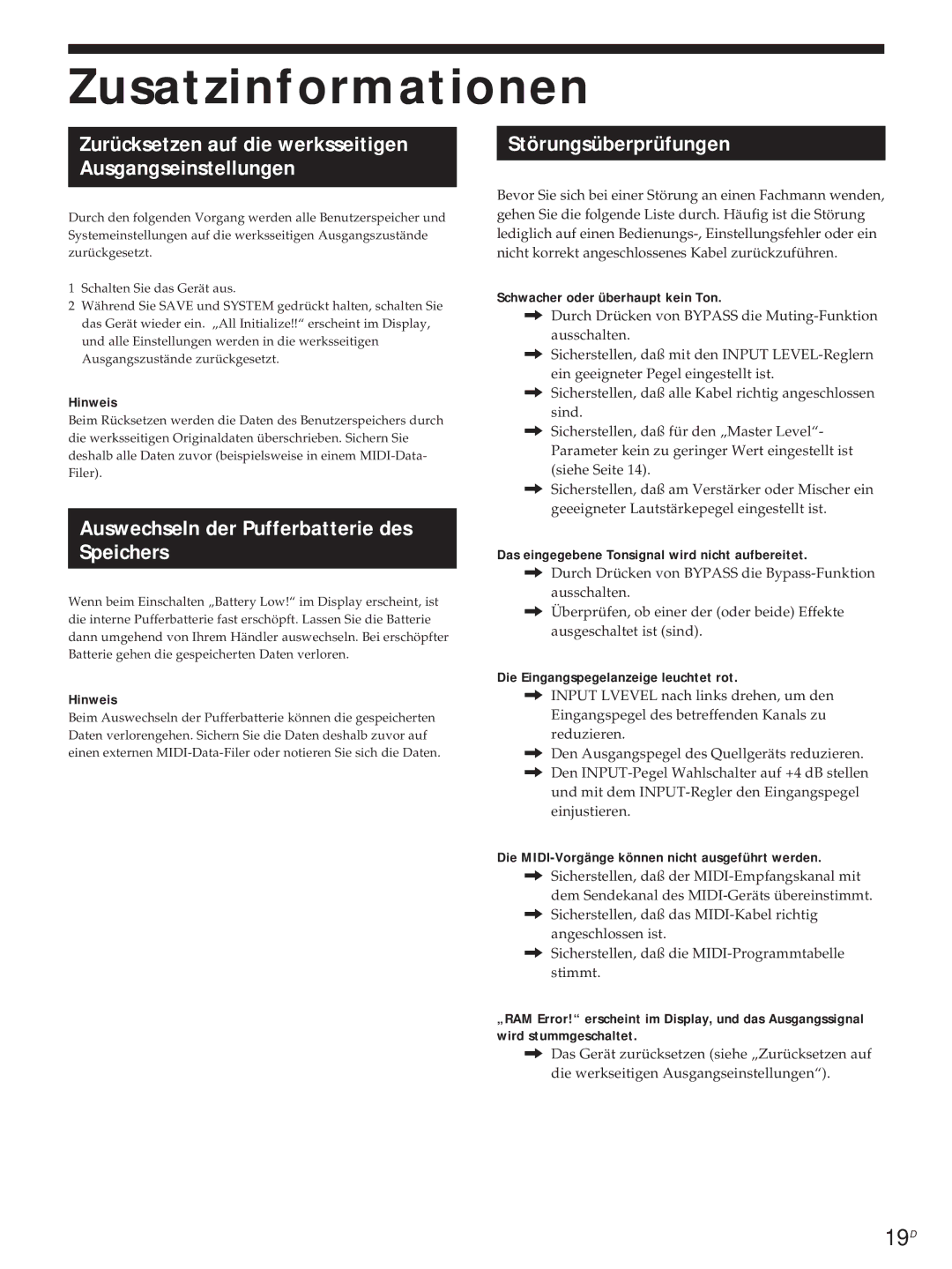 Sony DPS-V55M operating instructions Zusatzinformationen, Störungsüberprüfungen, Ausgangseinstellungen 