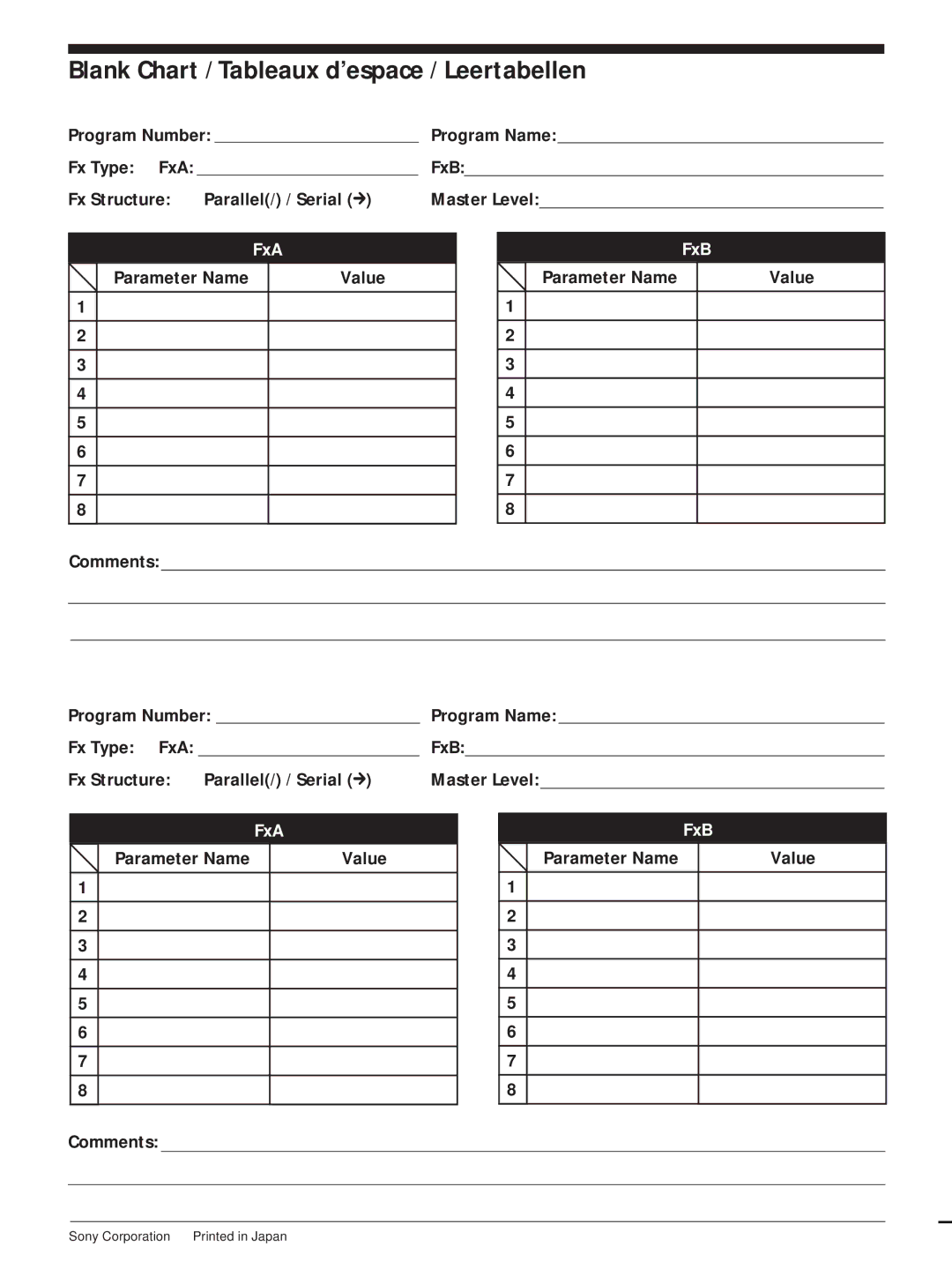 Sony DPS-V55M operating instructions Blank Chart / Tableaux d’espace / Leertabellen, FxA FxB 