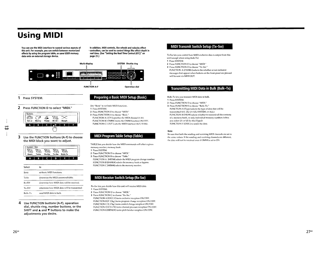 Sony DPS-V77 Midi Transmit Switch Setup Tx-Sw, Preparing a Basic Midi Setup Basic, Midi Program Table Setup Table 