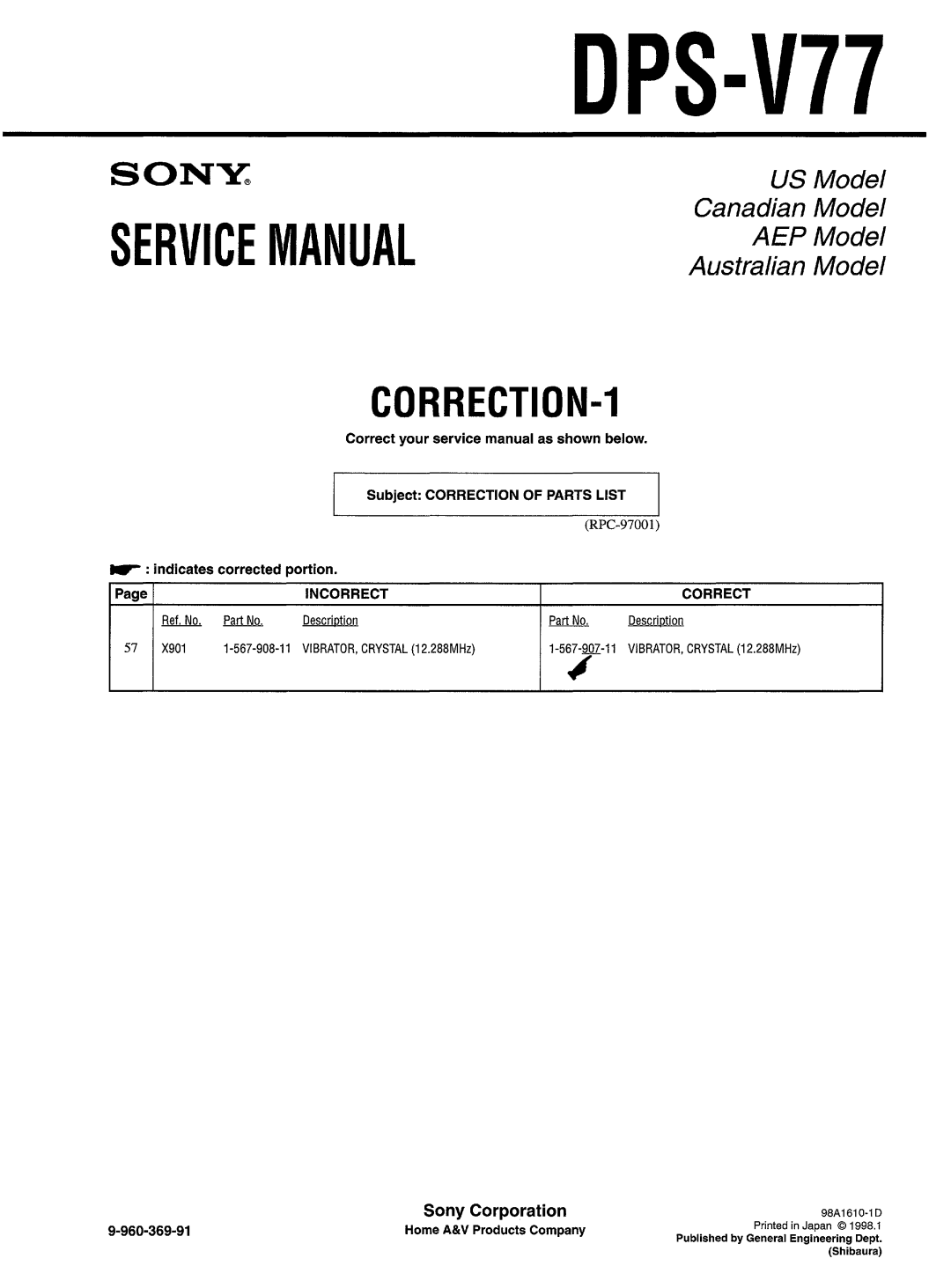 Sony DPS-V77 service manual Subject Correction of Parts List, ~ indicates corrected portion, Home A&V Products Company 