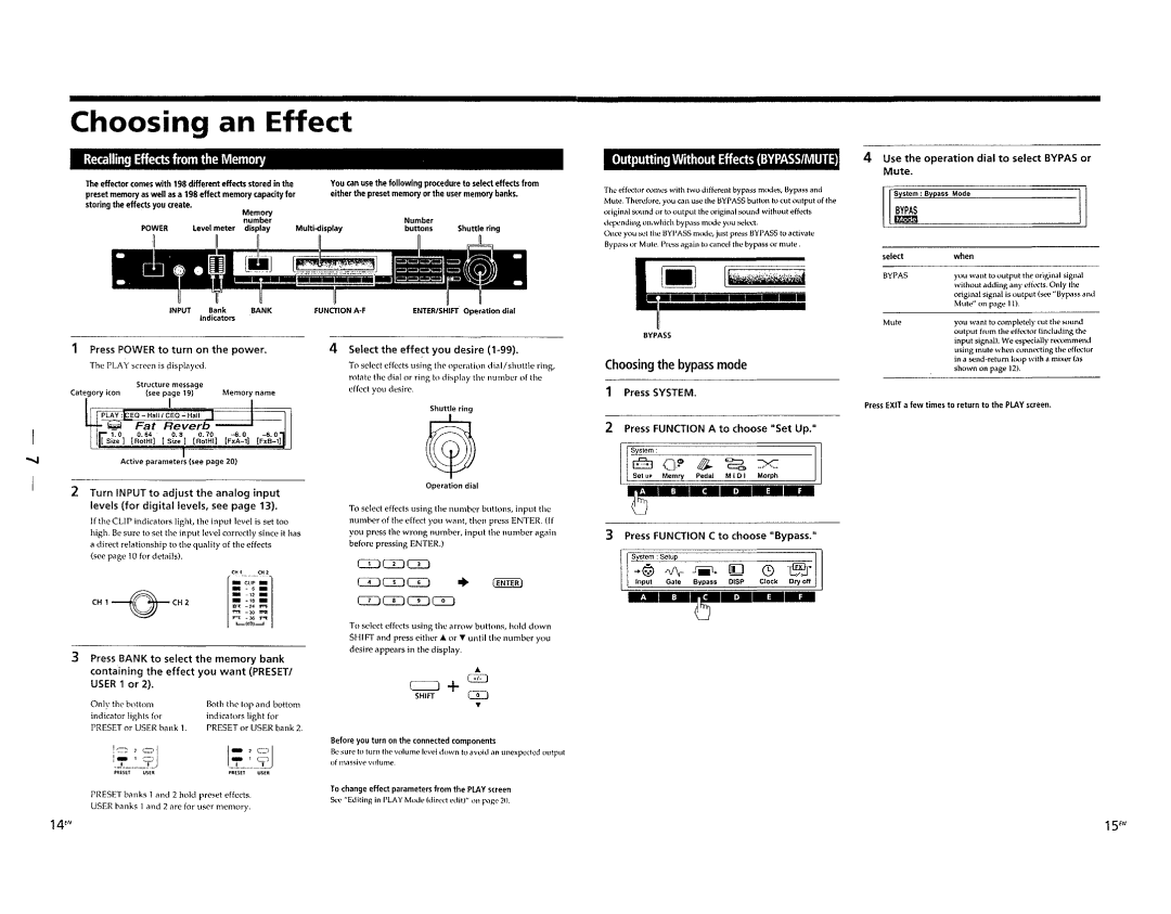Sony DPS-V77 Choosing an Effect, ~CH2, Recalling Effects from the Memory, c=J + G8, Choosing the bypass mode, 14fN, Bypas 