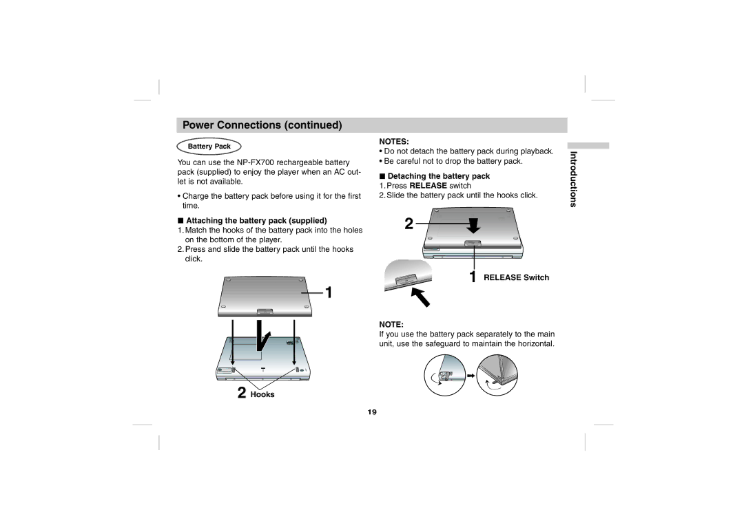 Sony DPS5032N Attaching the battery pack supplied, Detaching the battery pack, Release Switch, Hooks, Battery Pack 