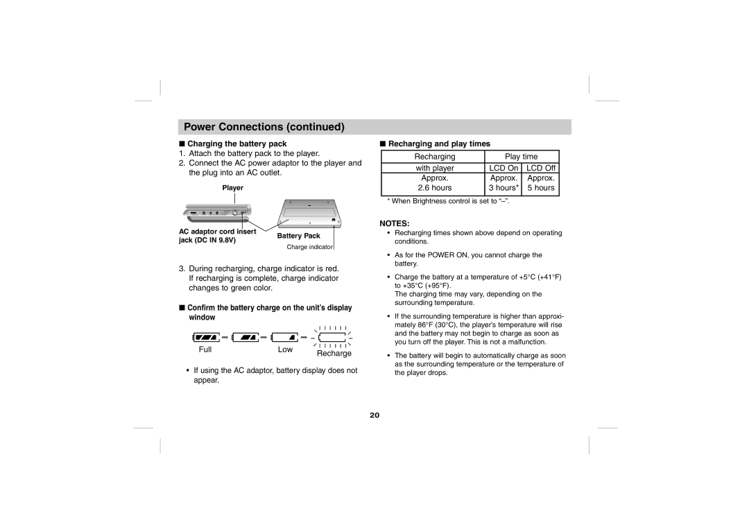 Sony DPS5032N operating instructions Charging the battery pack, Recharging and play times, Player, Jack DC 