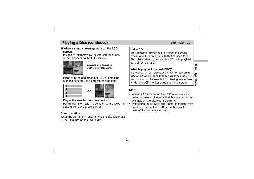 Sony DPS5032N When a menu screen appears on the LCD screen, After operation, Video CD, What is playback control PBC? 