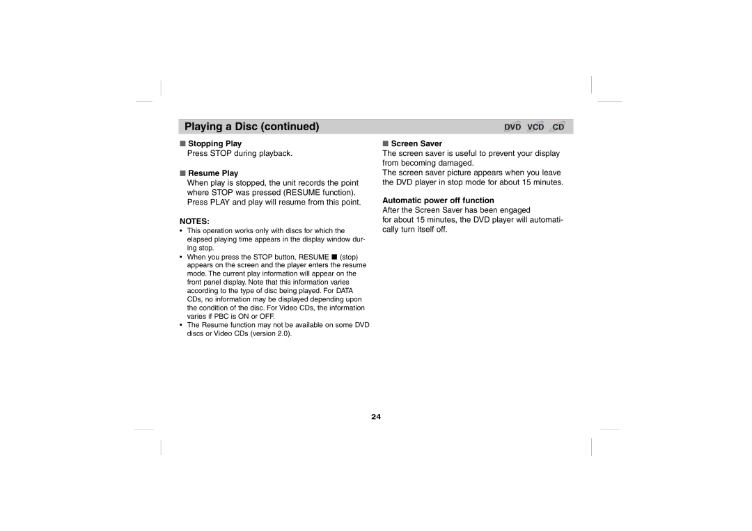 Sony DPS5032N operating instructions Stopping Play, Resume Play, Screen Saver, Automatic power off function 