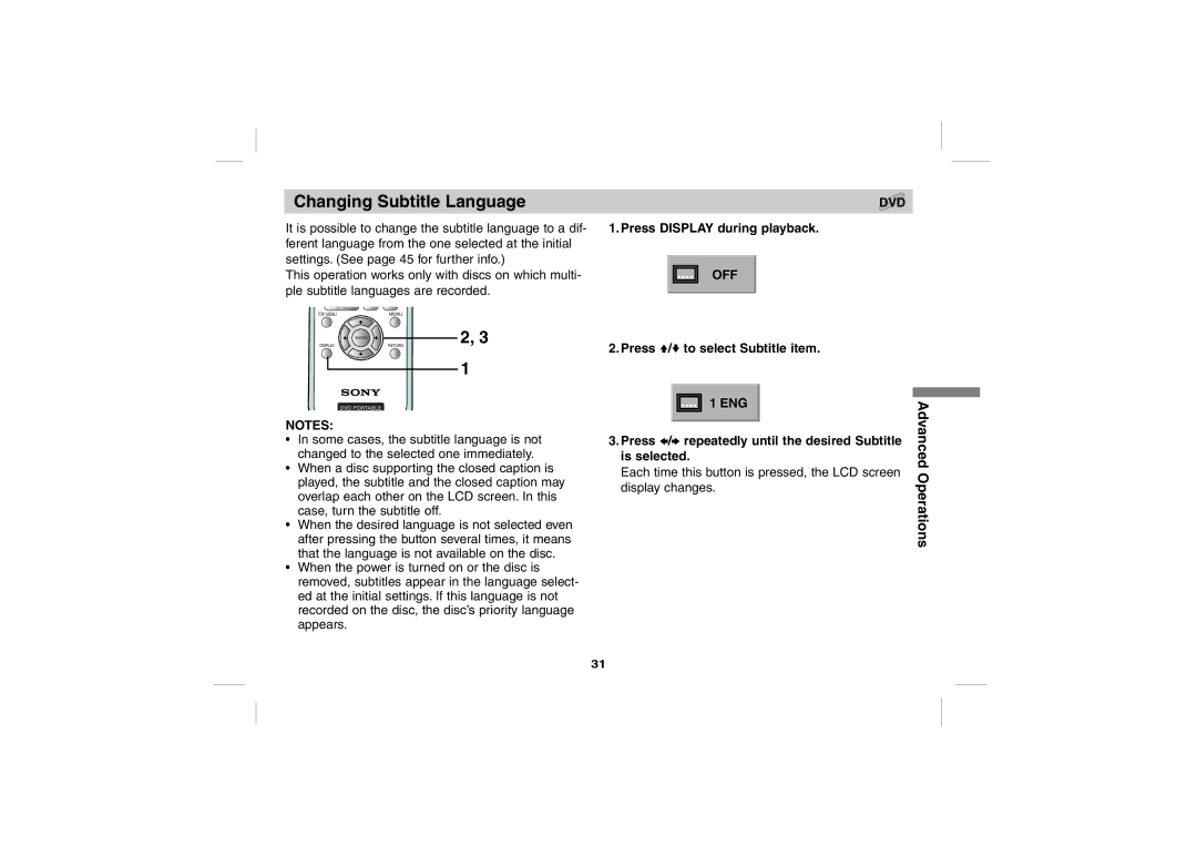 Sony DPS5032N operating instructions Changing Subtitle Language, Press V/v to select Subtitle item, Display changes 