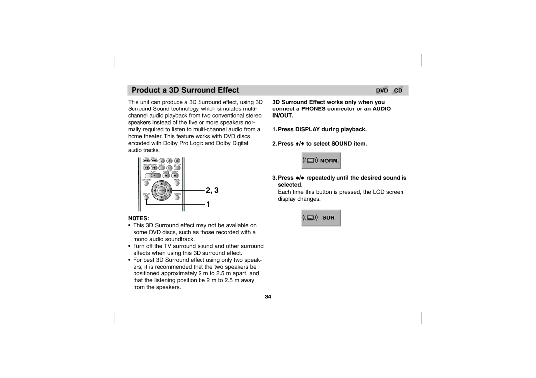 Sony DPS5032N operating instructions Product a 3D Surround Effect, Press B/b repeatedly until the desired sound is selected 