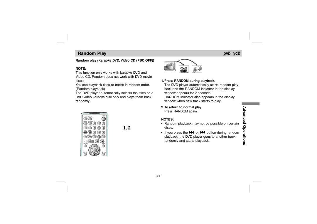 Sony DPS5032N operating instructions Random Play, Random play Karaoke DVD, Video CD PBC OFF, Press Random during playback 