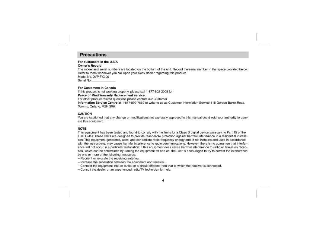 Sony DPS5032N operating instructions Precautions, For customers in the U.S.A Owner’s Record, For Customers in Canada 