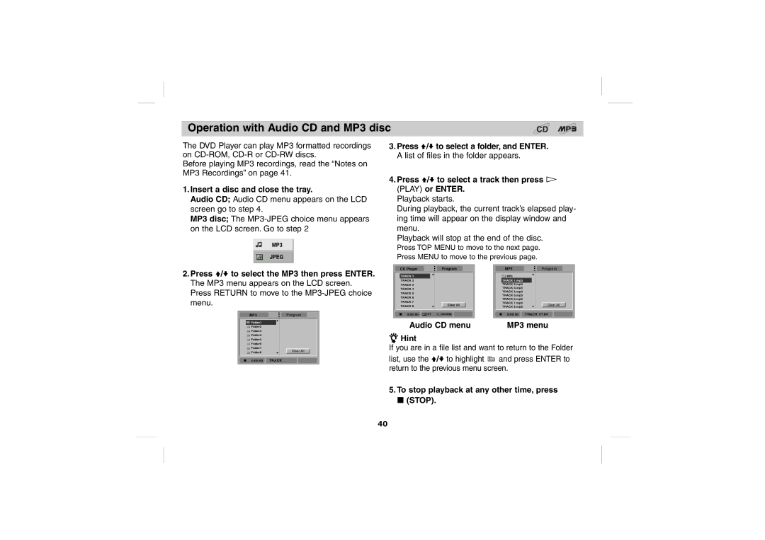 Sony DPS5032N Operation with Audio CD and MP3 disc, Insert a disc and close the tray, Audio CD menu MP3 menu Hint 