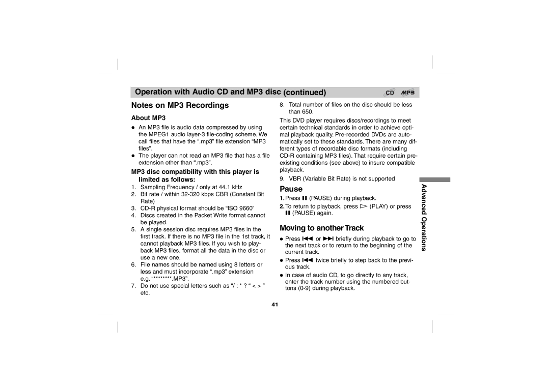 Sony DPS5032N operating instructions Pause, Moving to another Track, Than, Total number of files on the disc should be less 