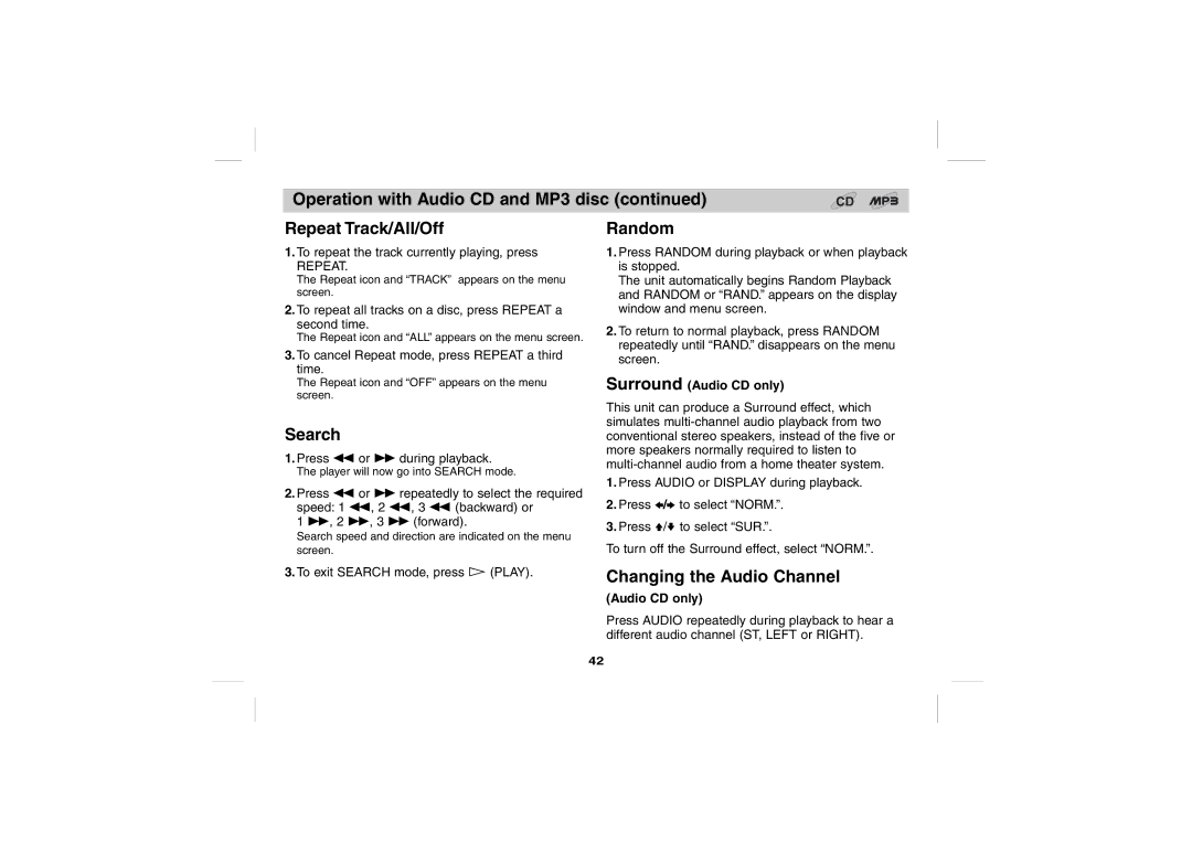 Sony DPS5032N Operation with Audio CD and MP3 disc Repeat Track/All/Off, Random, Search, Changing the Audio Channel 