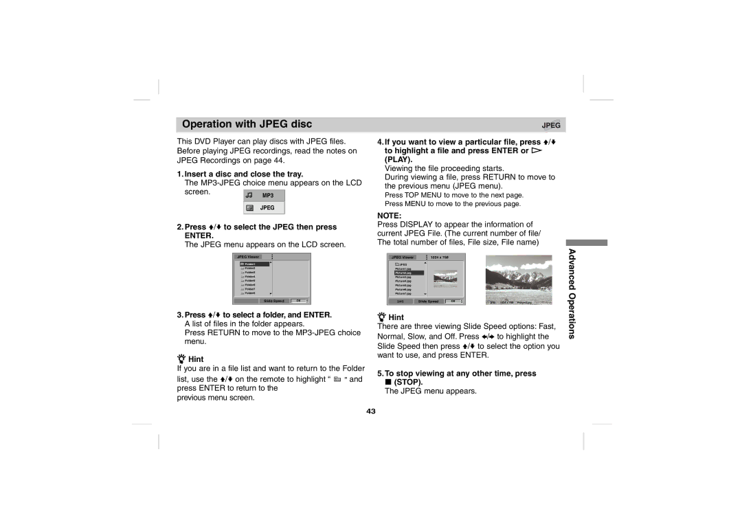 Sony DPS5032N operating instructions Operation with Jpeg disc, Screen, Press V/v to select the Jpeg then press 