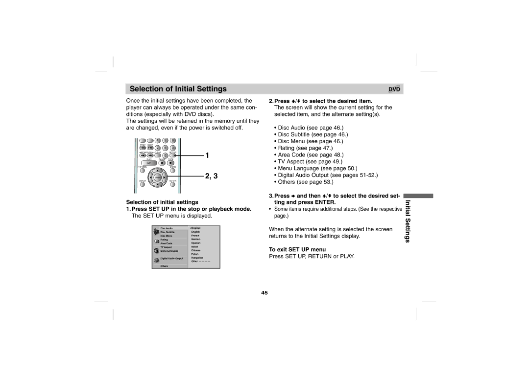 Sony DPS5032N operating instructions Selection of Initial Settings, To exit SET UP menu 