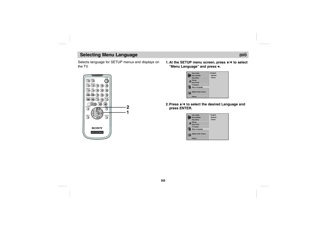 Sony DPS5032N operating instructions Selecting Menu Language, Press V/v to select the desired Language and press Enter 