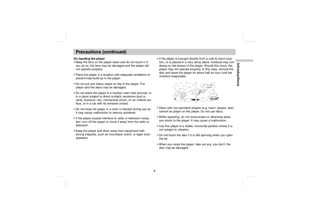 Sony DPS5032N operating instructions On handing the player, Warm 