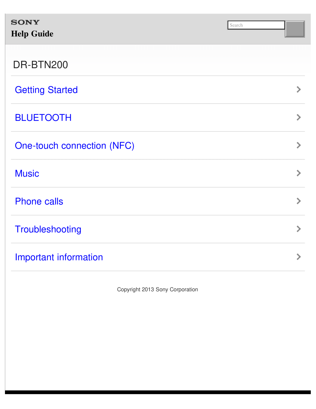 Sony DR-BTN200 manual Getting Started BLUETOOTH One-touchconnection NFC, Music Phone calls Troubleshooting, Help Guide 
